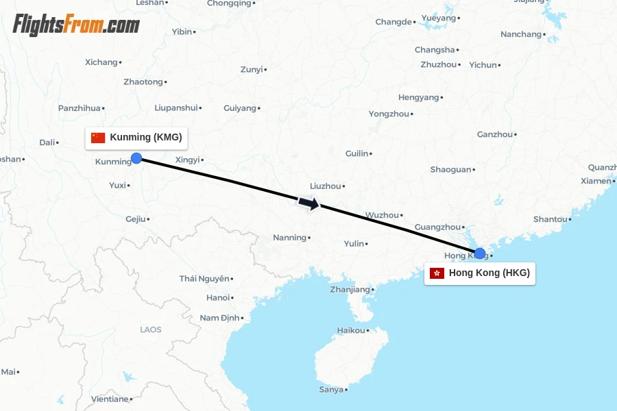 Flights from Kunming to Hong Kong route map