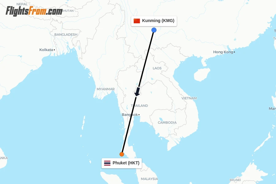 Flights from Kunming to Phuket route map