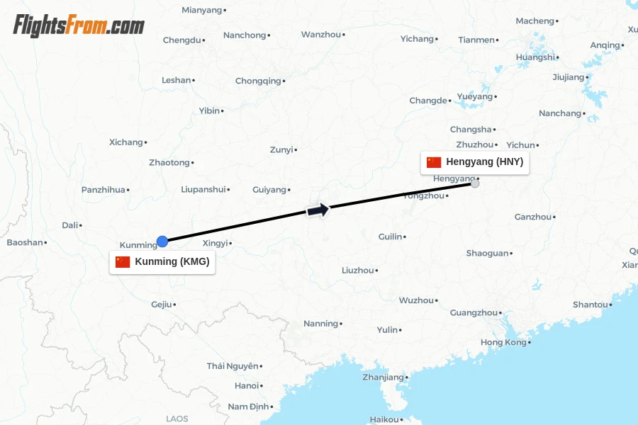 Flights from Kunming to Hengyang route map