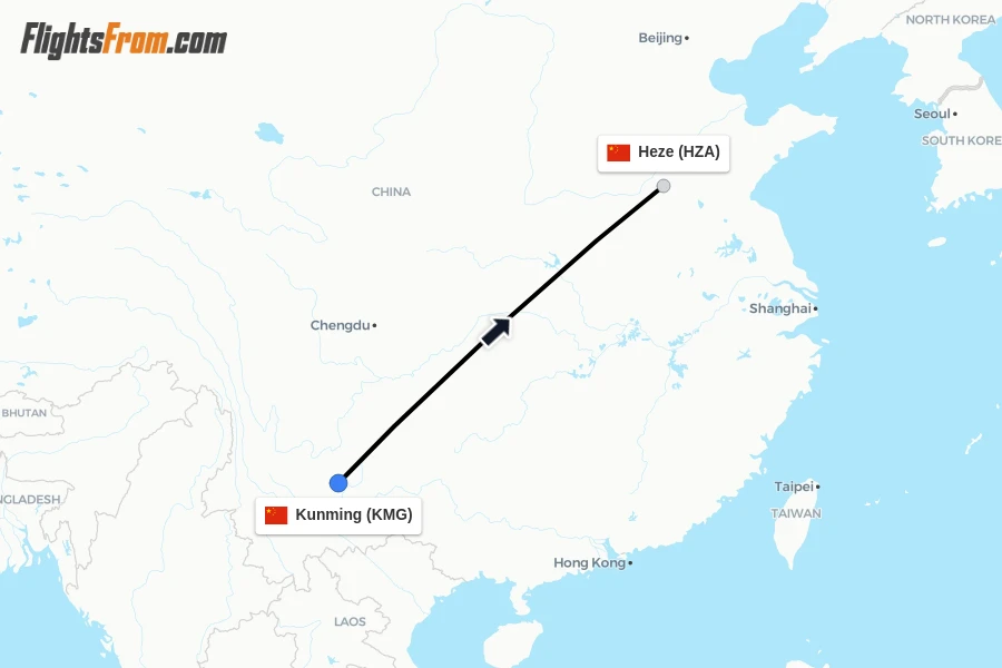 Flights from Kunming to Heze route map