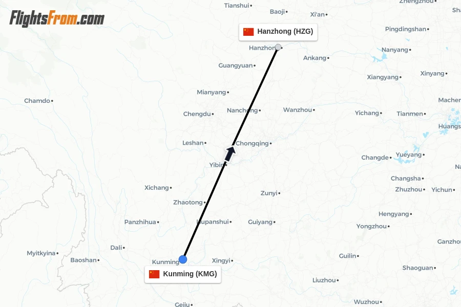 Flights from Kunming to Hanzhong route map