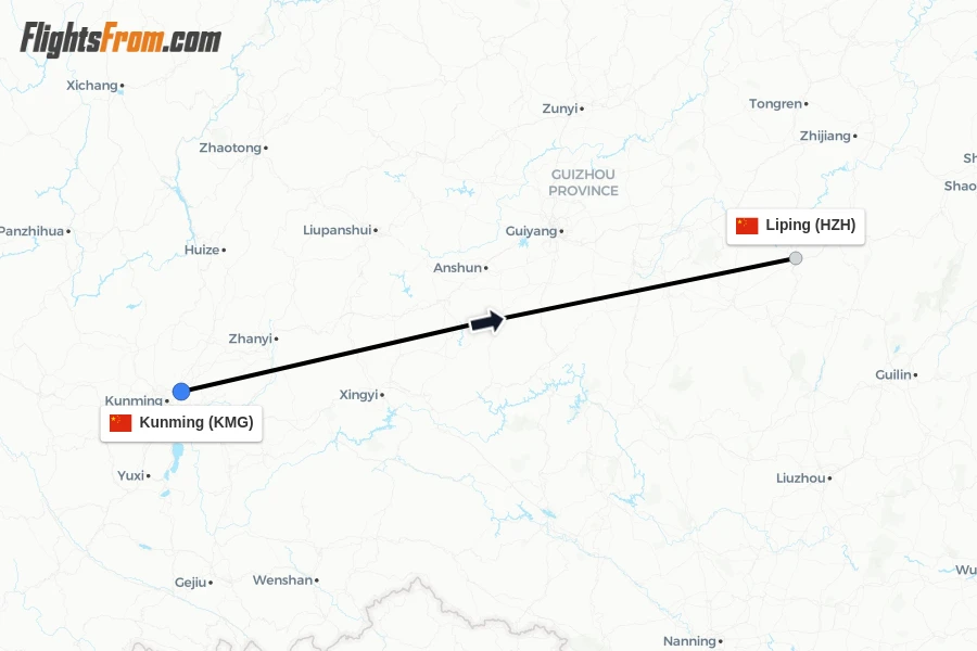 Flights from Kunming to Liping route map