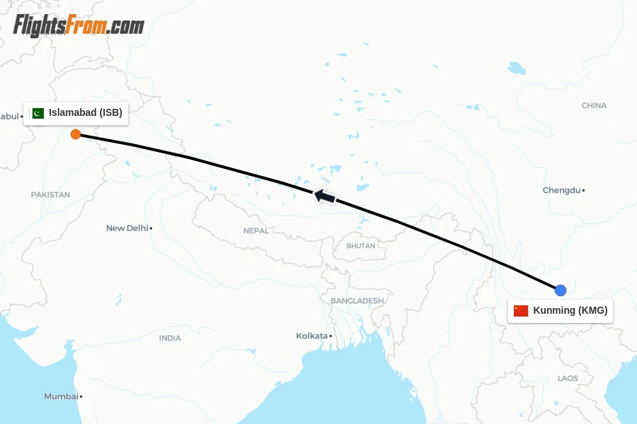 Flights from Kunming to Islamabad route map