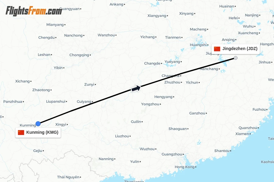 Flights from Kunming to Jingdezhen route map