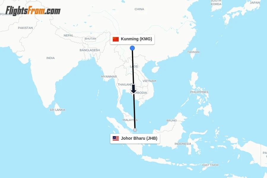 Flights from Kunming to Johor Bharu route map