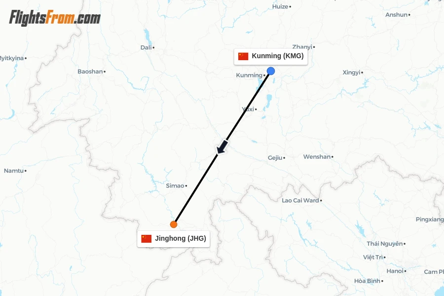 Flights from Kunming to Jinghong route map