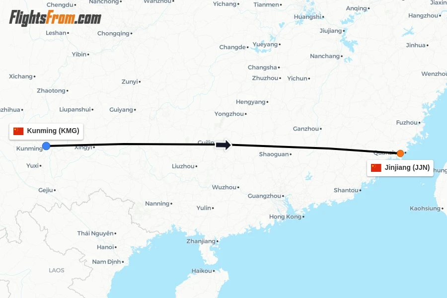 Flights from Kunming to Jinjiang route map