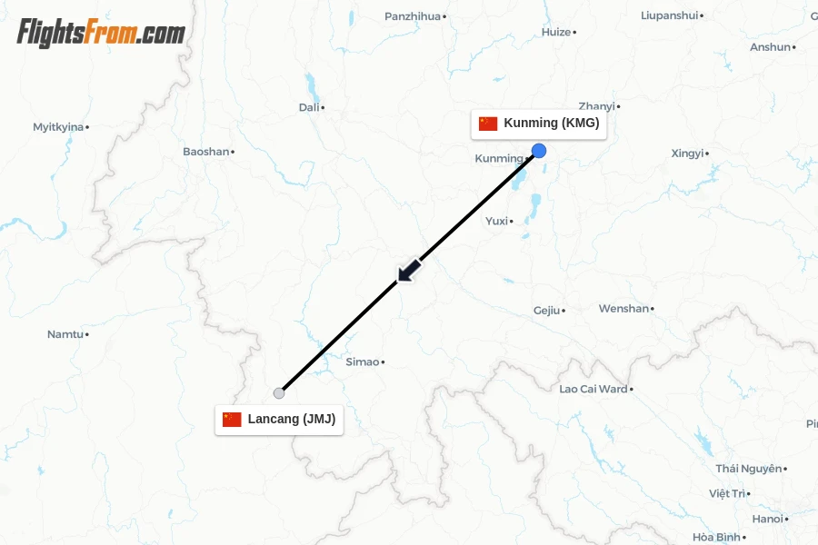 Flights from Kunming to Lancang route map