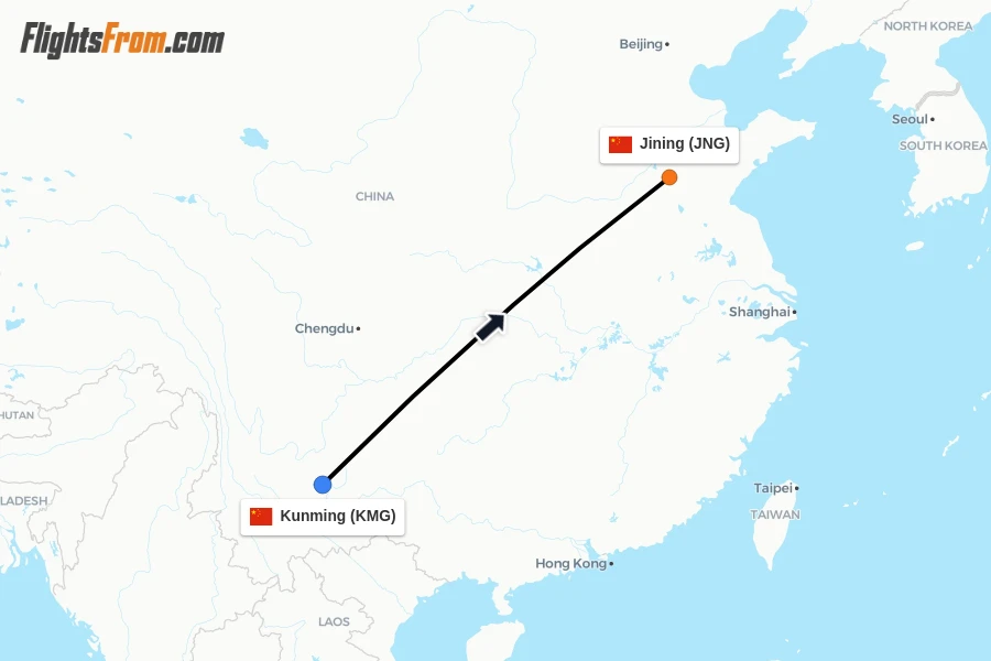 Flights from Kunming to Jining route map