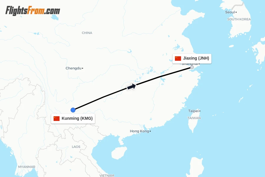 Flights from Kunming to Jiaxing route map
