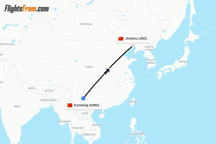 Flights from Kunming to Jinzhou route map