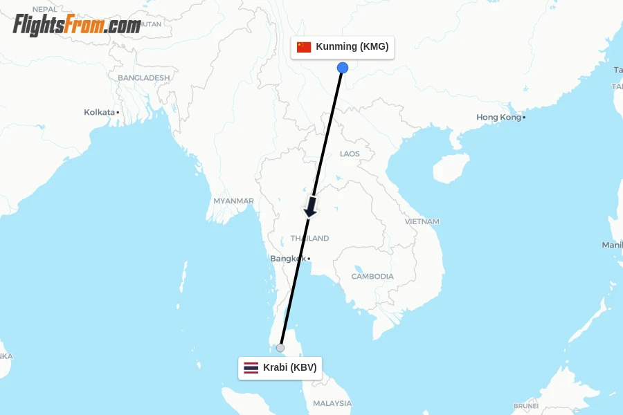 Flights from Kunming to Krabi route map