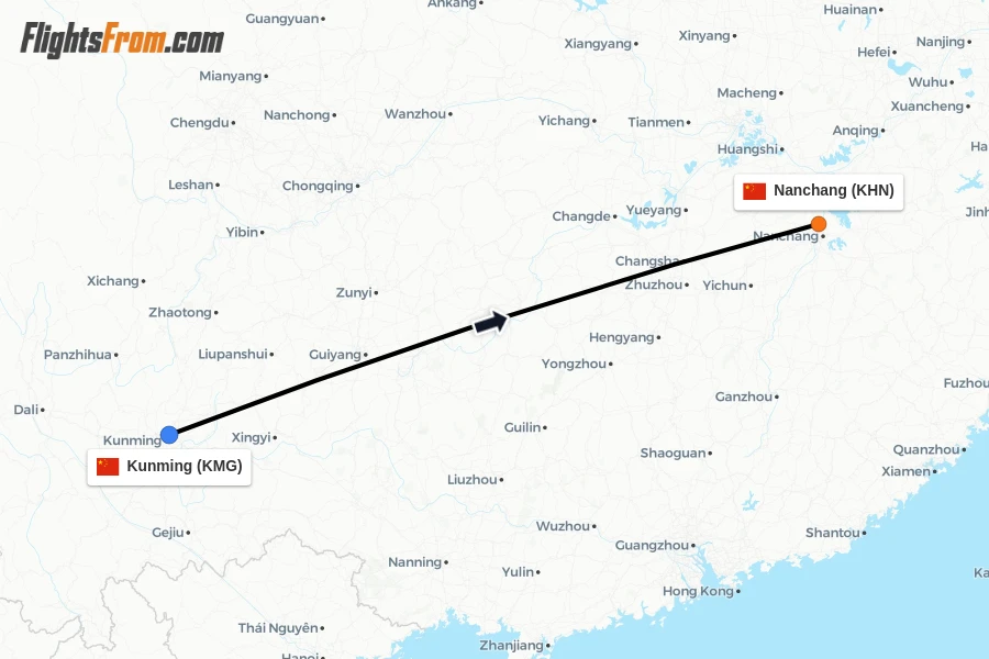 Flights from Kunming to Nanchang route map