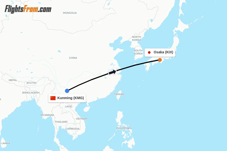 Flights from Kunming to Osaka route map
