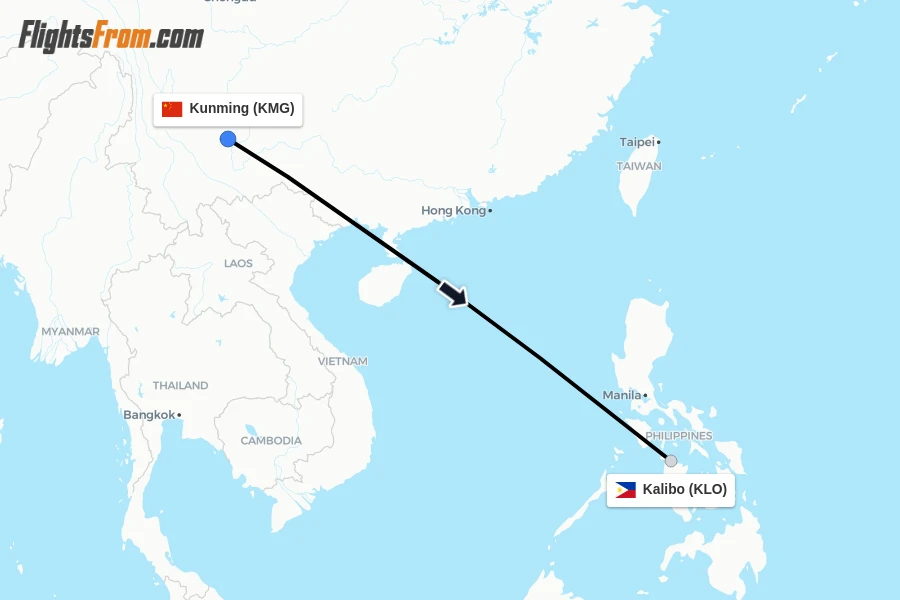 Flights from Kunming to Kalibo route map