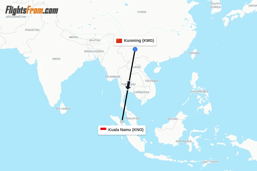 Flights from Kunming to Kuala Namu route map