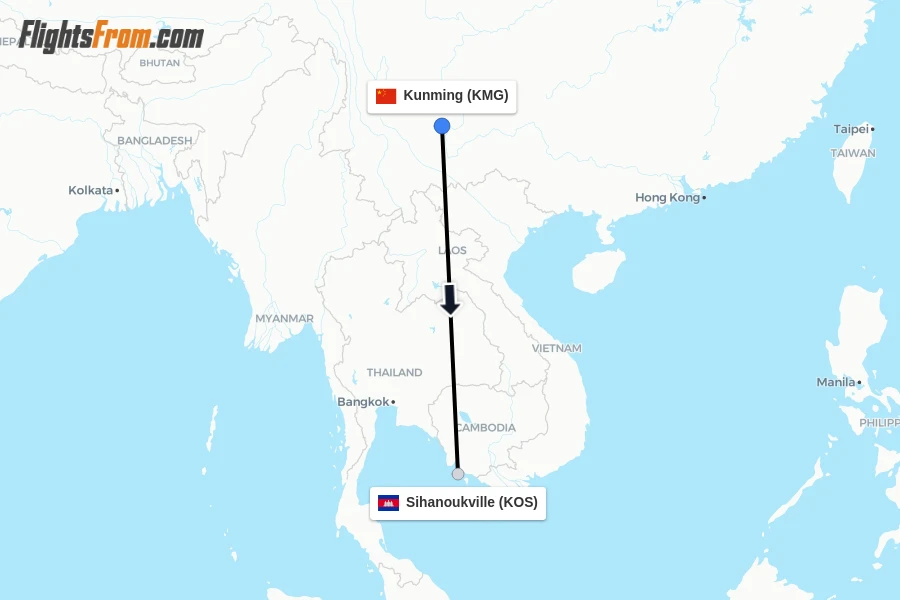 Flights from Kunming to Sihanoukville route map
