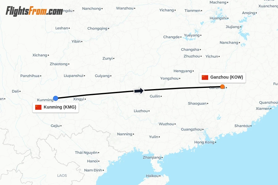 Flights from Kunming to Ganzhou route map