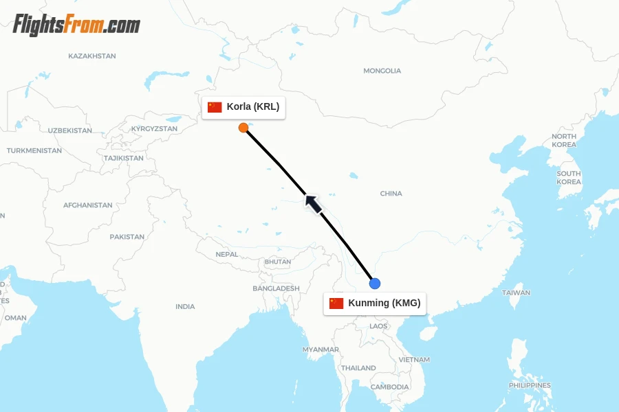 Flights from Kunming to Korla route map