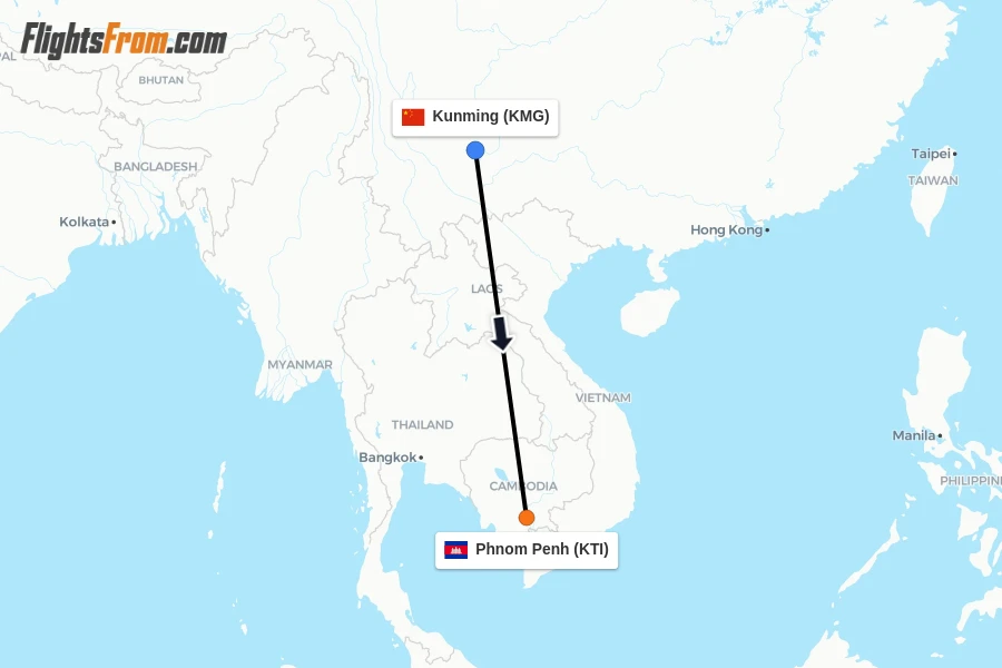 Flights from Kunming to Phnom Penh route map