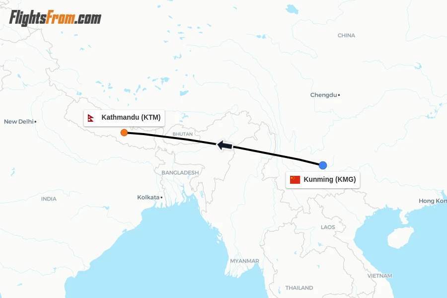 Flights from Kunming to Kathmandu route map