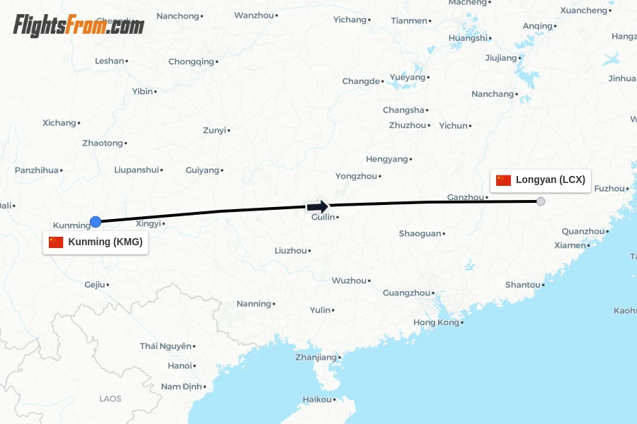 Flights from Kunming to Longyan route map