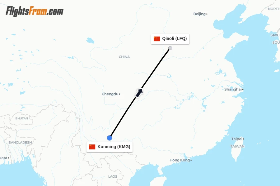 Flights from Kunming to Qiaoli route map