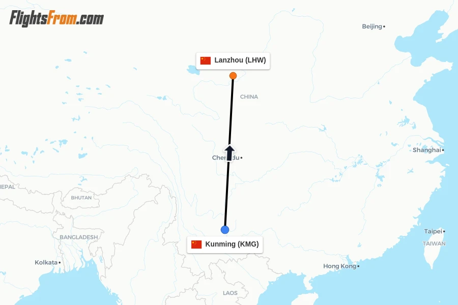 Flights from Kunming to Lanzhou route map
