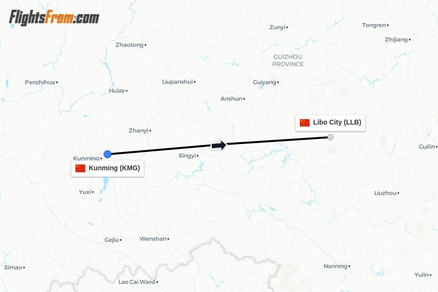 Flights from Kunming to Libo City route map