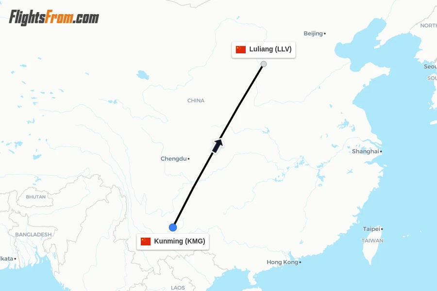 Flights from Kunming to Luliang route map