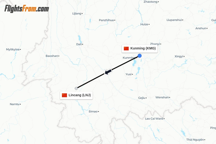 Flights from Kunming to Lincang route map