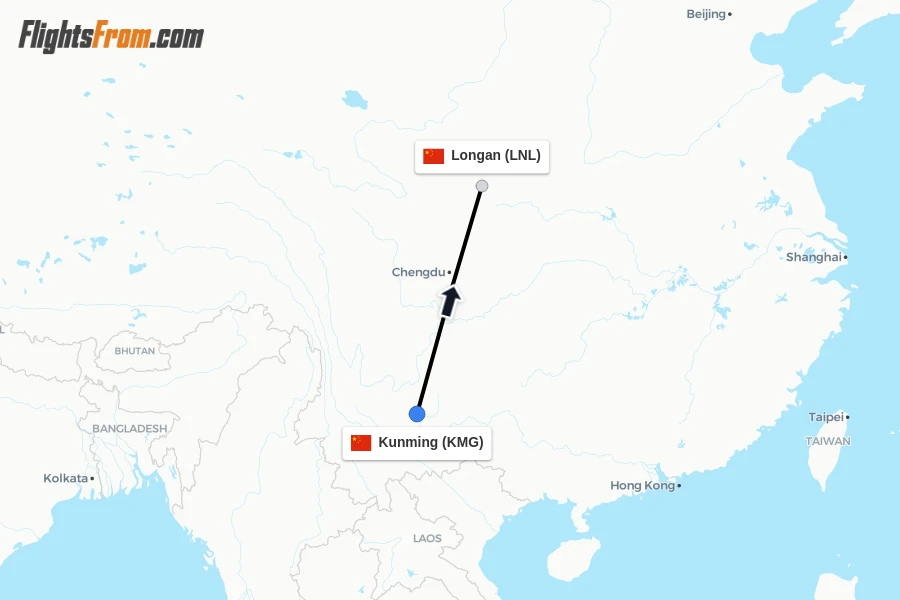 Flights from Kunming to Longan route map