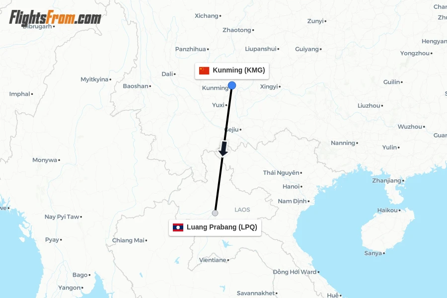 Flights from Kunming to Luang Prabang route map