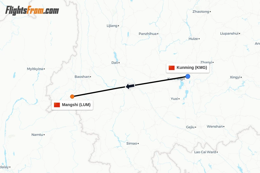Flights from Kunming to Mangshi route map