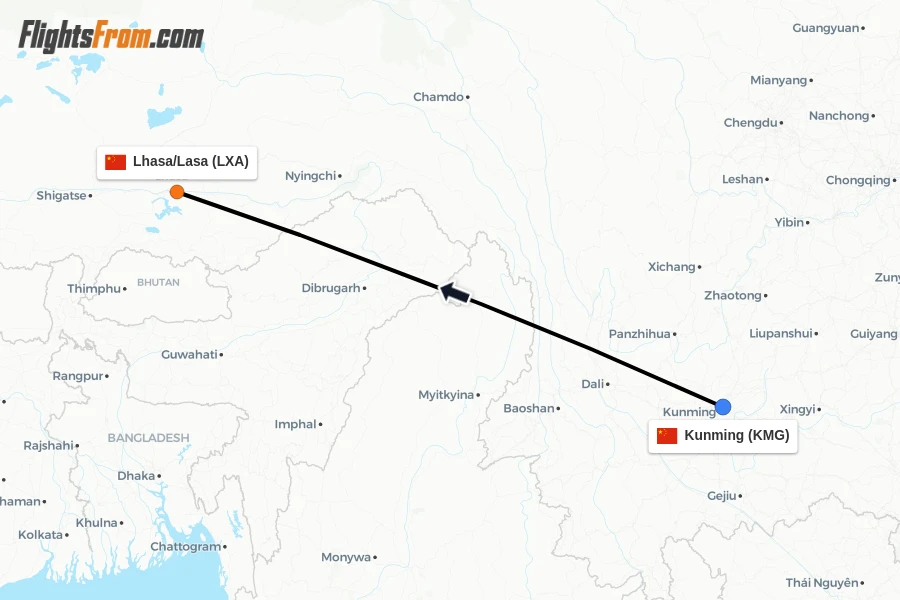 Flights from Kunming to Lhasa/Lasa route map