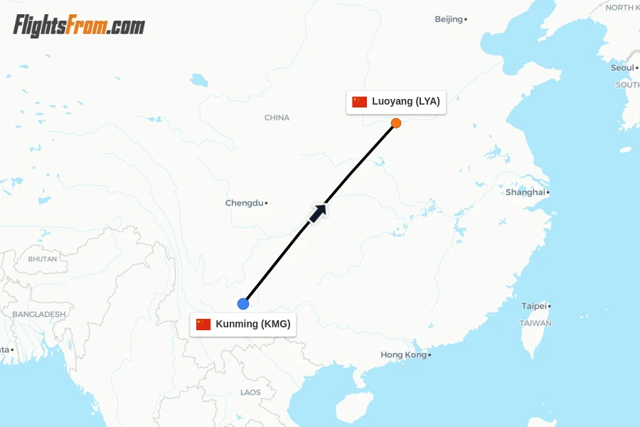 Flights from Kunming to Luoyang route map