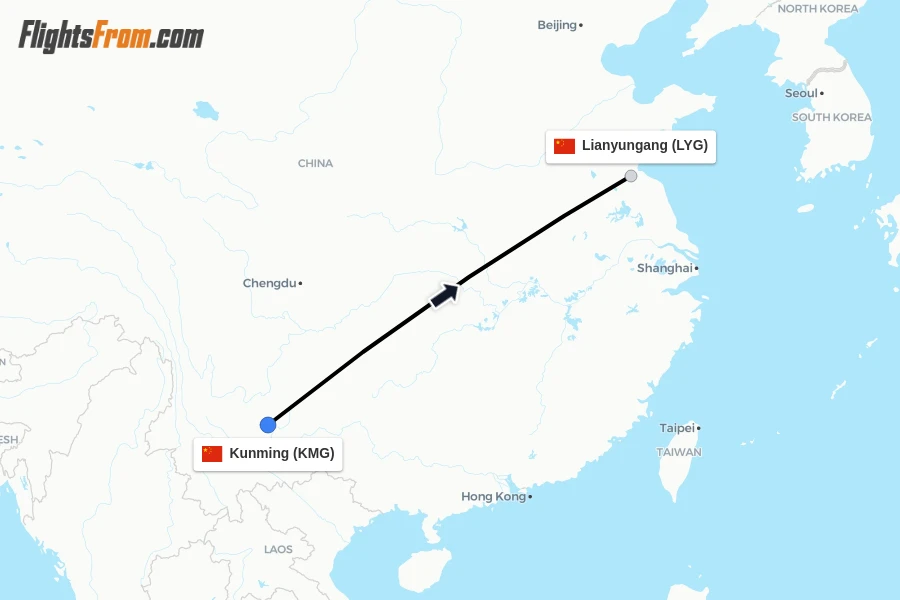Flights from Kunming to Lianyungang route map