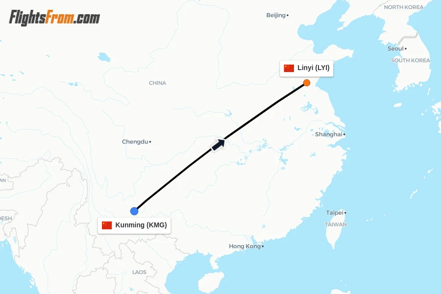 Flights from Kunming to Linyi route map