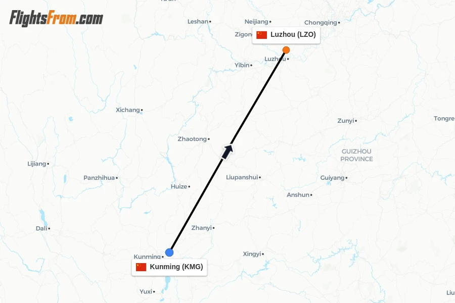 Flights from Kunming to Luzhou route map