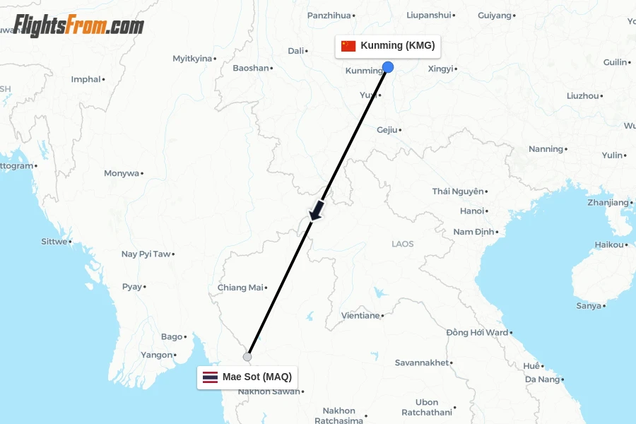 Flights from Kunming to Mae Sot route map