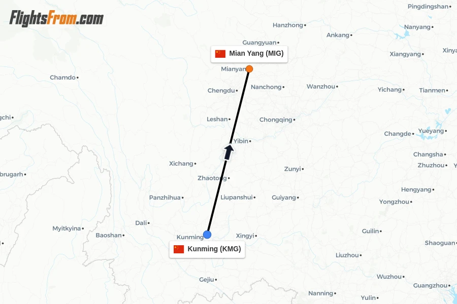 Flights from Kunming to Mian Yang route map