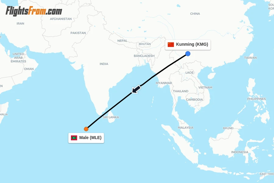 Flights from Kunming to Male route map