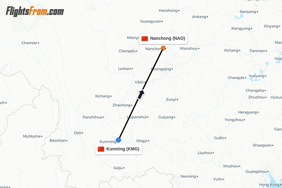 Flights from Kunming to Nanchong route map