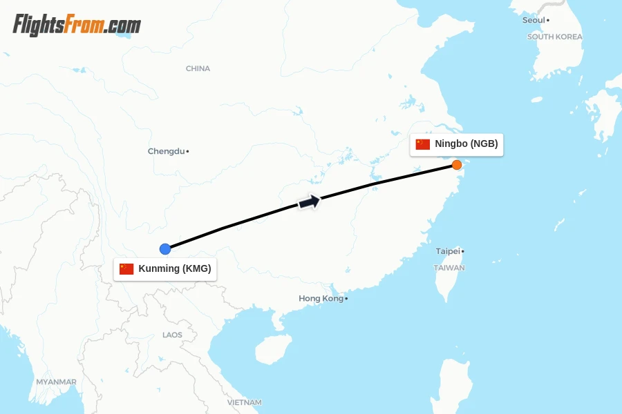 Flights from Kunming to Ningbo route map