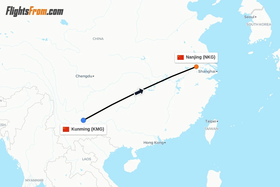 Flights from Kunming to Nanjing route map