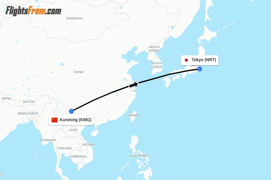 Flights from Kunming to Tokyo route map
