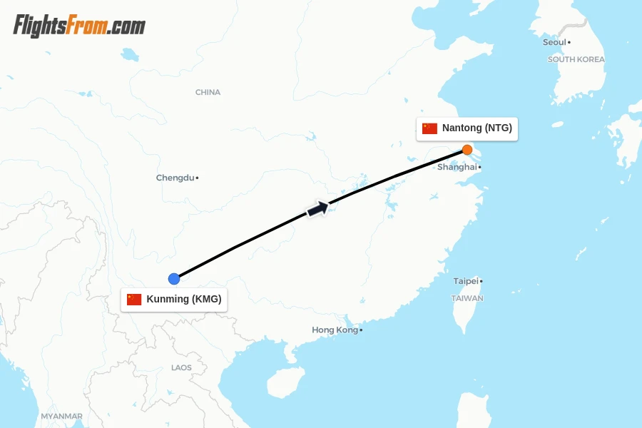 Flights from Kunming to Nantong route map