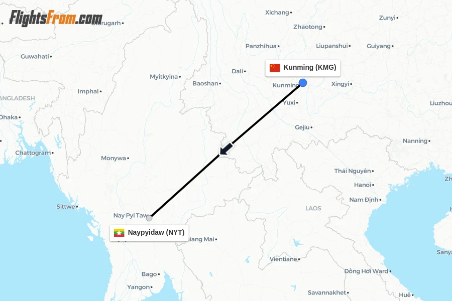 Flights from Kunming to Naypyidaw route map
