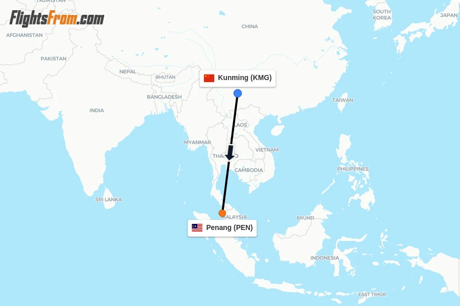 Flights from Kunming to Penang route map