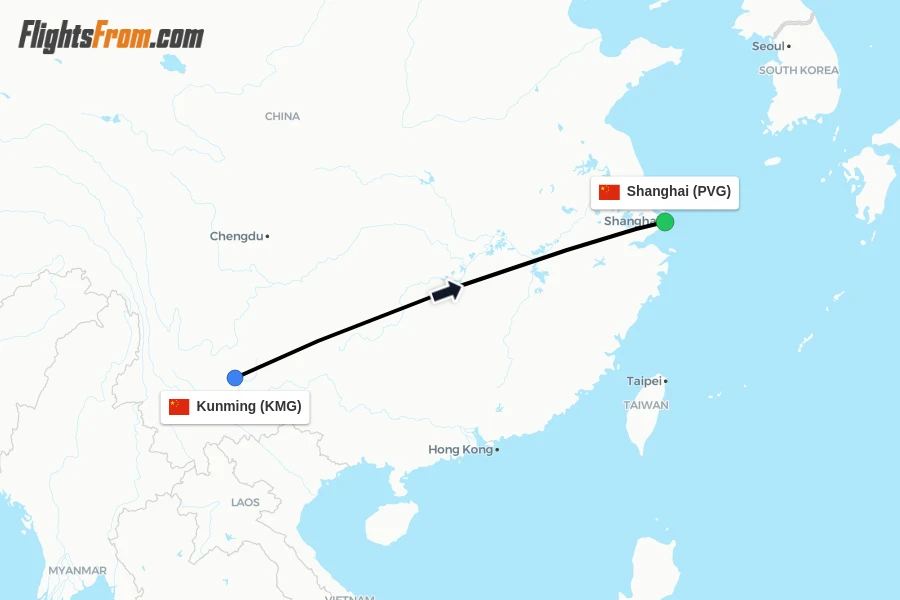 Flights from Kunming to Shanghai route map